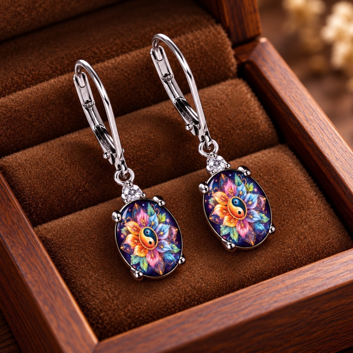 Colorful Mandala Flower Art Oval Pendant Earrings
